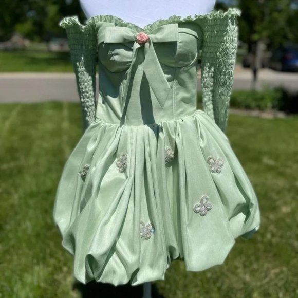 ANNIE'S IBIZA x CLIO PEPPIATT Lila Moss Green Off Shoulder Dress Size XS - Picture 1 of 7
